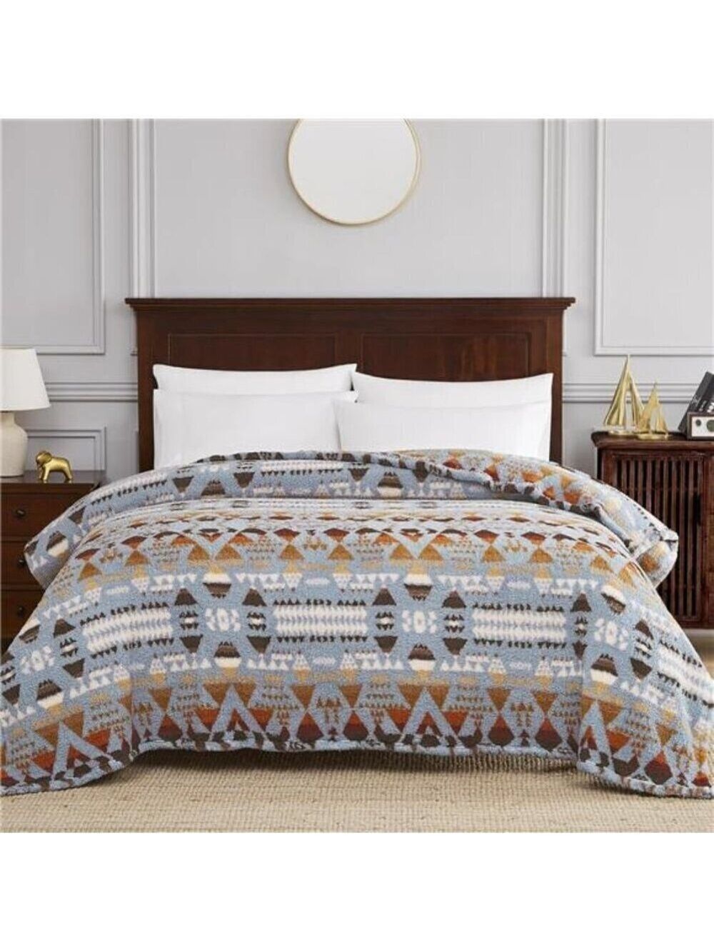 Boho Sherpa Throw Blanket Aztec Blue Grey Ultra Soft Warm Cozy Plush Fleece NEW